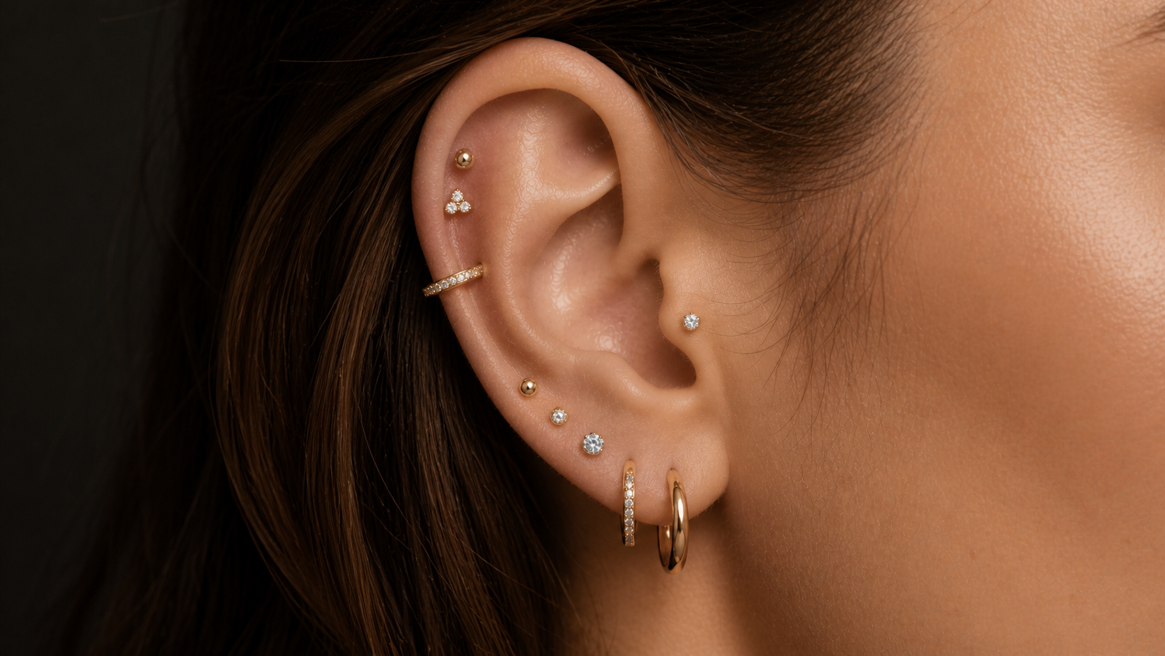 Ear piercing jewellery: hoops and studs for lobe, helix, and cartilage